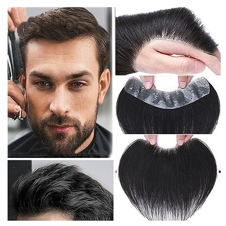 Für Männer Haaransatz-Toupet for Herren, Stirn-Frontal-Haarteil, 0,05–0,14 mm, volle PU-Basis, indisches Echthaar #1B, natürliches Schwarz, V-Form, vordere Haarsystem-Einheiten Perückenkopf(7cmx17cm)