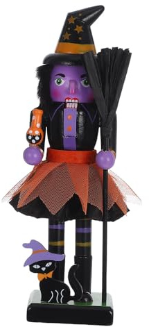 Ipetboom Wooden Halloween Nutcracker Witch Statue Ornament, Witch Nutcracker Soldier Figurine Tabletop Decor for Holiday Party, Halloween Collection Seasonal Decoration