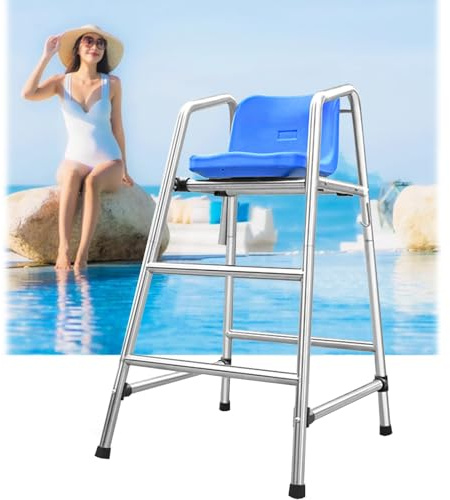 Sedia da bagnino, Sgabello da bar for esterni/interni 47,2/59,1/70,9 pollici, sedie bagnino for bordo piscina, con foro for ombrellone e gancio for salvagente, comode(2 steps H 120CM/47.2INCN/3.9FT)
