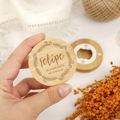 Pack 15 Abridores de Bambú Magnéticos con Mensaje | Abrebotellas para Regalo de Comunión, Bautizo, Boda | Detalle personalizado para Invitados | Bodapix