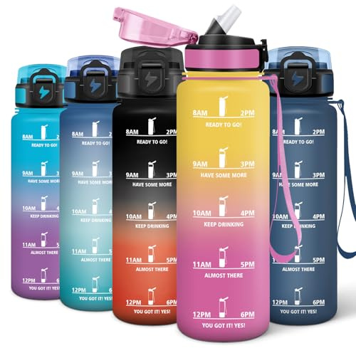 Motswedi Borracce 1 Litro, Motivazionale Borraccia Sportiva, con Time Marker, Riutilizzabile Bottiglia, d'acqua Palestra con Cannuccia, per Fitness, Palestra e Escursionismo, G&lb & Rosa-A