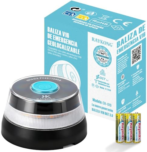 RAYKONG Baliza V16 Geolocalización DGT | Luz Emergencia Coche Homologada y Conectada DGT 3.0 | SIM y Datos Pagados hasta 12/2038 | 1 Unidad