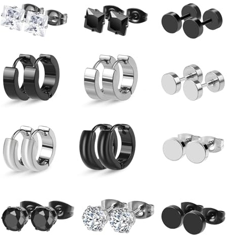 Dreamhigh 12 Pair Männer Ohrringe Schwarz Silber, Herren Edelstahl Ohrringe, Edelstahl Ohrclips Emaille Ohrschmuck Piercing Ohr Lünette runde Coole Ohrstecker Tunnel Piercing für Männer
