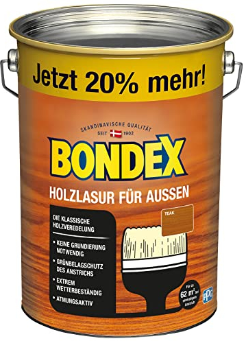 Bondex Holzlasur für Außen Teak 4,8 L für 62 m² | Hoher Wetter- und UV-Schutz | Natürliches Abwittern - kein Abplatzen | seidenmatt | Holzschutzlasur | Holzlasur