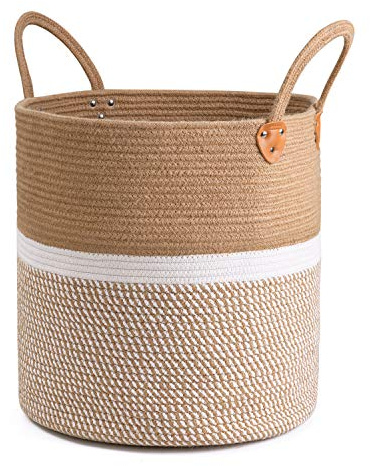CHICVITA Extra großer gewebter Aufbewahrungskorb mit Griffen, Wäschekorb, Spielzeug, Handtücher, Jute, Decke, Korb, Heimdekoration, Geschenk, 40,6 x 40,6 cm, Weiß