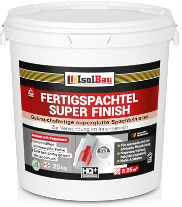 Isolbau Super Finish Spachtel 25 kg, Glättspachtel Fugenspachtel, Gebrauchsfertige Polymer-Gips Fertigspachtel Spachtelmasse für innen, Weiß Q1-Q9