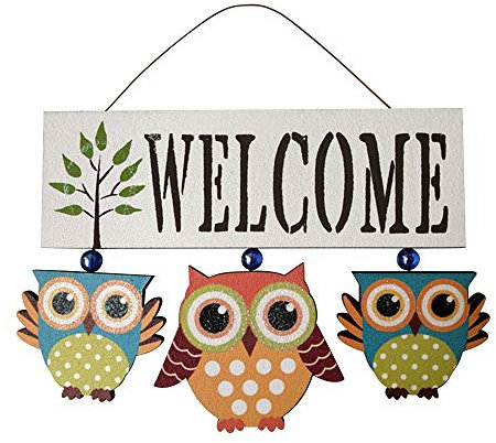 kgjsdf, cartello di benvenuto in legno da appendere per portico anteriore, decorazione da giardino con gufo e porta di benvenuto, per casa e giardino