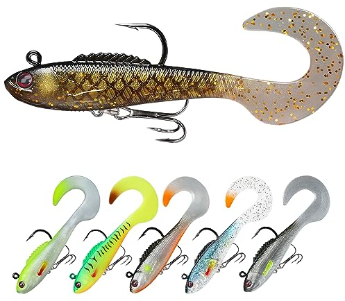 TRUSCEND Angelköder Gummifische Kunöder Gummiköder Set Fische Angeln Forelle Zander & andere große lebend Köder Jigköpfe, BKK/VMC-Haken, Japan-Formel, Süßwasser-Salzwasser-Fischen Geschenk für Männe