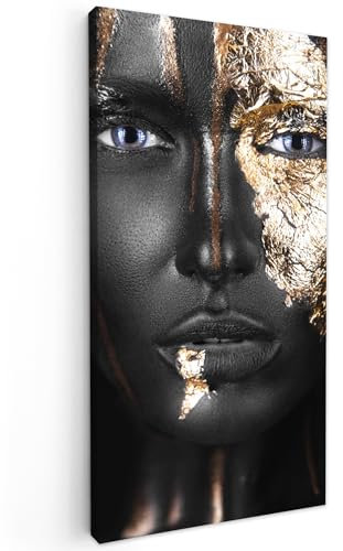 MuchoWow Leinwand Bilder, Einzigartige Wanddeko mit Rahmen, Frau - Blattgold - Schwarz - Gold - Luxus, Wandbilder Wohnzimmer, Deko Schlafzimmer 20x40 cm