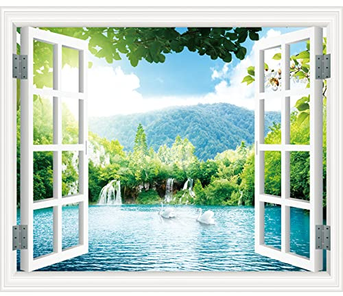 Fausse Fenêtre Tableaux Panoramique sur Toile. Cascade Eau Courante Fenetre Vue 3D Paysage Tableau Impression nature sur toile.Tableau d'art mural Image sur toile 50x60cm(20x24in)sans cadre