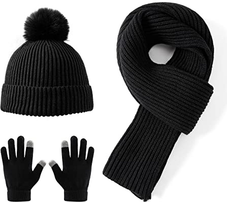 Lallier 3Pcs Cappello per Bambini Sciarpa e Guanti da Neve Set, Cappello Invernale Caldo Morbido Pom-Pom Beanie per Ragazzi Ragazze e Bambini Piccoli, Nero