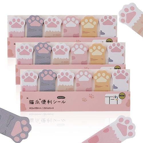 cobee 360 marcadores adhesivos de animales bonitos, 3 paquetes de bloc de notas con forma de pata de gato notas adhesivas marcadores de página de notas autoadhesivas banderas marcador de índice