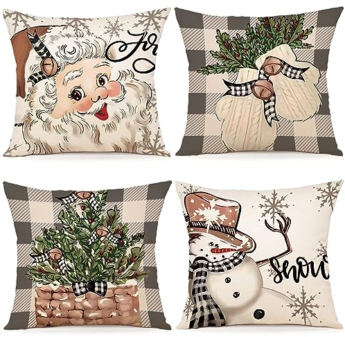 ZWJD Kissenbezug Weihnachten 50x50 4er Set Kissenbezüge Dekokissen Leinen Kissenhüllen für Deko Weihnachten Sofa Schlafzimmer Couch Kissenbezug 50x50 cm
