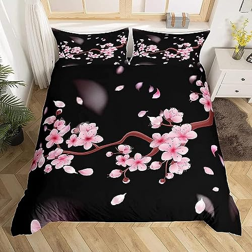 RAVILO Housse de Couette 220x240 Fleurs de Cerisier Parure de Lit 2 Personnes Japon 3D Housses de Couettes Microfibre Douce Imprimée et 2 Taie d'oreiller 65x65 cm avec Zippée