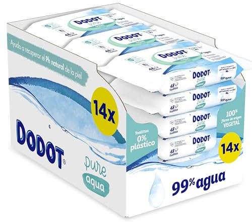Dodot Toallitas Pure Aqua Para Bebé, 672 Toallitas (14 Pack De 48 Unidades), Ayuda A Restaurar El PH Natural De La Piel, 99% Agua, Sin plástico