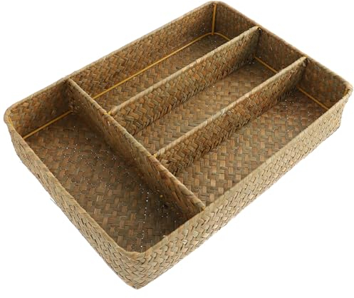 Ciieeo Pastoral Style Woven Storage Basket Handmade Straw Four-grid Home Organizer 37x27x5cm Natural Color Multipurpose Storage Box for Living Room Bedroom