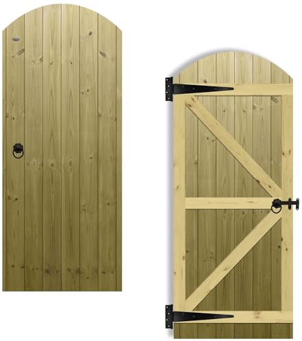 Arch Top Wooden Garden Gate 6x2.5ft - Tongue & Groove Fully Framed Treated Timber Door + Ring Latch Hinge Pack, H:6ft x W:2.5ft Ideal for Outdoor Pathway Home Access (High: 180cm x Wide: 75cm)