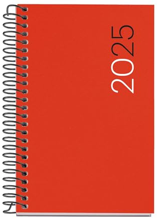 Miquelrius - Dagsplanerare 2025, 80 x 120 mm, dagskalender, flexibelt polypropen, spiralpapper, 80 g/m², spanska, engelska och portugisiska, röd