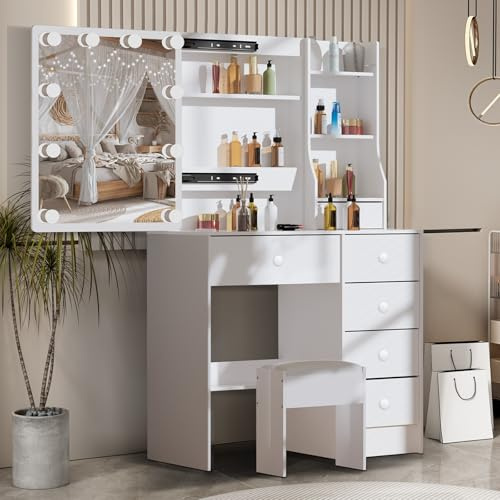 Teousev Schminktisch mit dimmbarer Beleuchtung & Schiebespiegel – Frisiertisch mit Hocker, 6 Schubladen & 6 Regalen für extra viel Stauraum, Weiß, 80x36x131 cm J82741