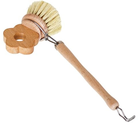 Portable Cleaning Tool | Multifunctional Dish Brush | Wooden Cleaning Brush | Ergonomic Wooden Pot Scrubber with 3 Replacement Heads 9.8x3.7 Inches for Pots,