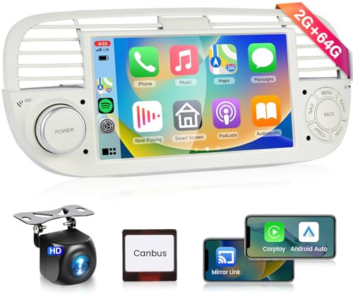 Android Car Stereo for Fiat 500 2007-2015 Support 5GWifi | Podofo 7 inch HD IPS Touch Screen Bluetooth Radio with Wireless Carplay Android Auto GPS EQ FM/RDS AHD Reverse Camera 2G+64G