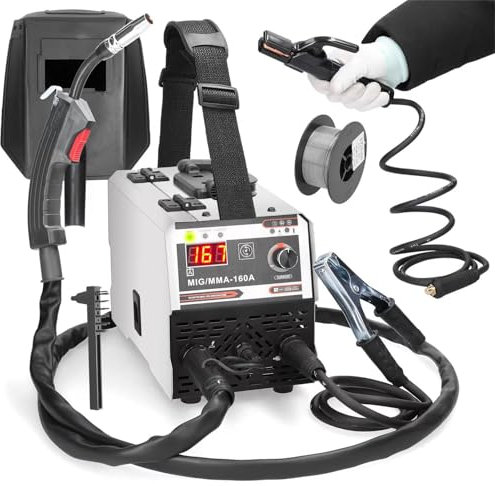 Poste à Souder MIG MMA IGBT Poste De Soudage Sous Gaz De Protection Appareil Combiné Entièrement Synergique 2 en 1, 160A Inverseur à Fil Fourré Machine à Souder pour Soudage Acier au Carbone
