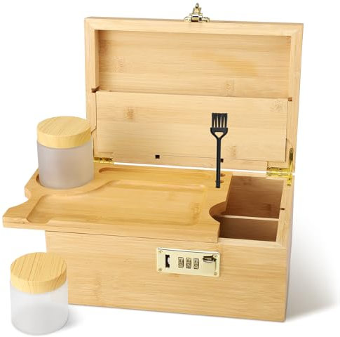 Bamboo Storage Stash Box with Combination Lock - Smell Proof Weed Tray Set, Rolling Tray & 2 Glass Jars, Ideal Smoking Accessories Gift Set for Home Use