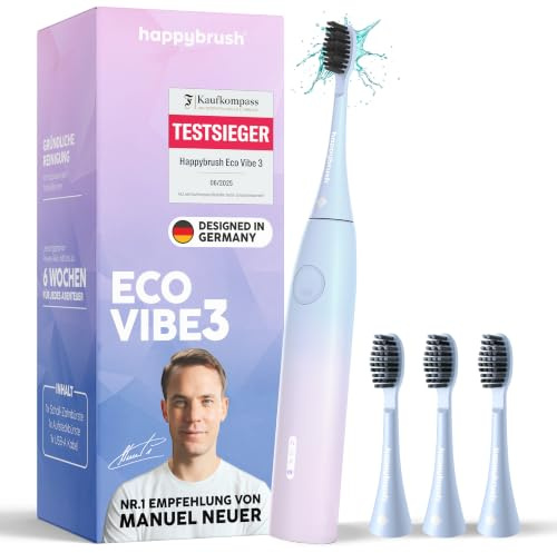 happybrush® Schallzahnbürste Eco Vibe 3 – TESTSIEGER – 100 Tage testen - Elektrische Zahnbürste mit 8 Wochen Akku – Ultraschall Zahnbürsten – 2 Jahre Garantie - Inkl. Aufsteckbürsten - Sunrise