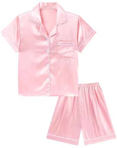 DIPUG Girls Pajamas Size 10-12 Silk Pjs for Girl Satin Sleepwear Set Pink