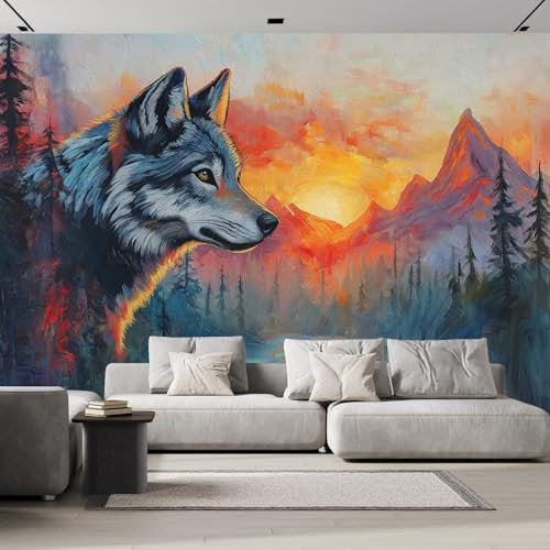 Papier Peint Panoramique 3D Coucher Soleil Loup Gris,Tissu de soie Forêt Abstraite Animaux Photo Mural, 250×175cm Poster Salon Chambre Mur de fond Chambre des Enfants Bureau Décoration de Maison