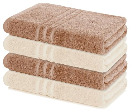 Lavea® 4er Set Duschtuch 70x140, 4 Stück, 100% Baumwolle Frottee, saugstark, weich und strapazierfähig, waschbar 60°C, trocknergeeignet, Handtuch, Handtücher, Duschtücher, Cappuccino & Creme
