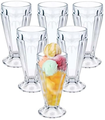 UNIQUE HOME LIVING Sundae Glasses Set of 6, Tall 350ml Knickerbocker Glory Dessert Cups, Milkshake Soda Fountain Glass Dessert Glasses with Footed Base, Ice Cream Bowls Glassware, Dishwasher Safe