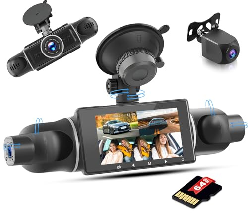 Inefala Full HD 2K Dash Cam Con Cámara 360° 4 Canales, Pantalla 3'', Visión Nocturna 8 IR, Memoria 64GB, Grabador Viaje, G‑Sensor, Monitor Estacionamiento