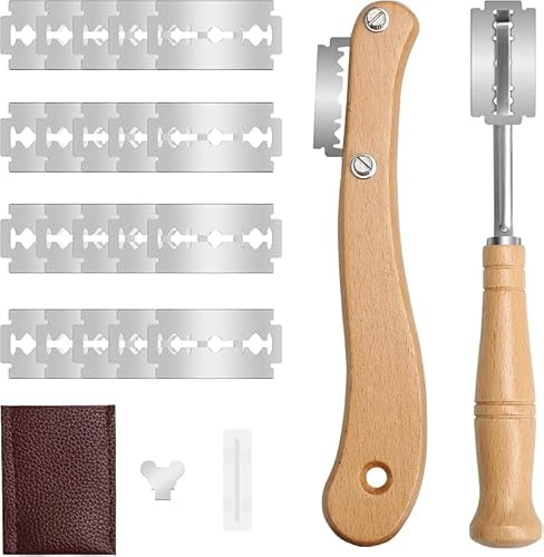 FEIGO Lame Boulanger 2pcs Lames de Boulanger Couteau à Pain Manche en Bois Avec 20 Lames et Housse de Protection en Cuir pour Pâte Graver Pain Cuisine Accessoire de Boulangerie