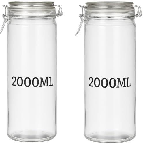 Muddy Hands Pack of 2 Airtight Glass Storage Jars 2000ml – Large Clear Food Containers with Lids & Clamp Seal – Ideal for Pasta, Rice, Cereal, Coffee, Tea & Kitchen Pantry Organisation