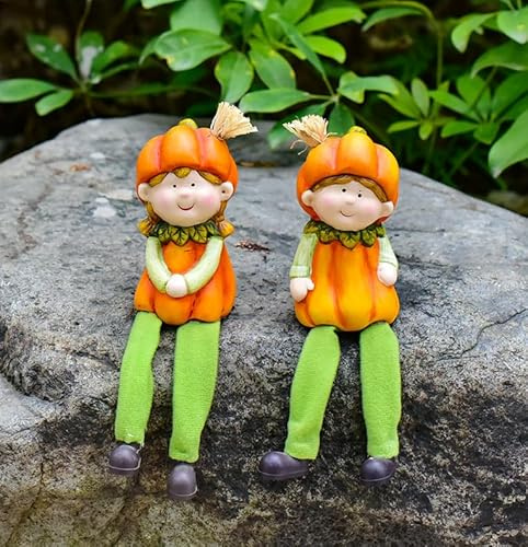 Yarteim Herbstdeko Outdoor, Kürbis Mädchen Gartenfiguren für Draußen Wetterfest, Keramik Kürbisfigur mit Langbeinige, Gartendeko Kürbis Mädchen Dekofigur Herbst Dekoration für Tischdeko Garten Büro