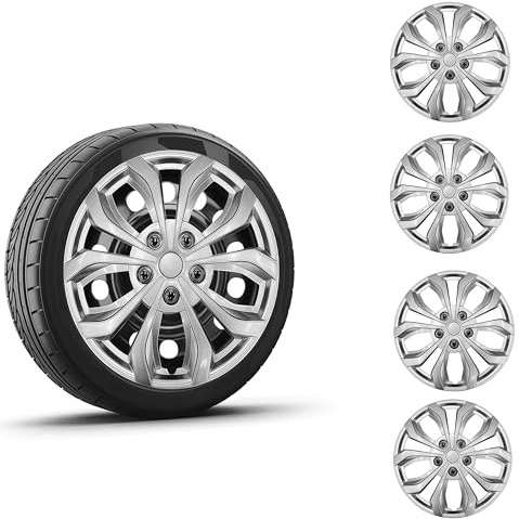 Tulamotoren Universelle Radkappen, 4er-Set, kompatibel mit Stahlfelgen, Snap-On-Design, strapazierfähiges PP-Material, mit verstellbarem Stahl-Sicherungsring (Silber, 17 Zoll)