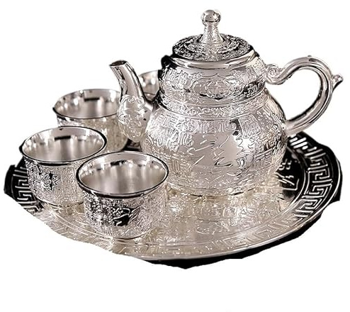 Servizio da tè in argento fatto a mano - Elegante teiera, tazza onesta, grandi tazze da tè e vassoio per gli amanti del tè(argento)