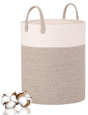 Wäschekorb Geflochten aus Baumwolle, 66L Wäschesammler Groß mit Henkel, Laundry Basket Aufbewahrungskorb Spielzeug, Korb Wäschebox für Wäschekammer Kinderzimmer Wohnzimmer Bad, 45x38cm