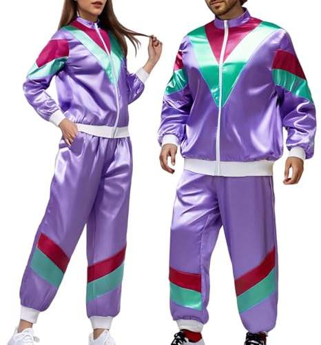 90er 80er Jahre Outfit Herren Damen Trainingsanzug Jacke Hose Anzug 80er Accessoire 80er Jahre Kleidung Herren New Kids Kostüm 80iger Schlagerparty Bad Taste Outfit Paare Karneval (L)