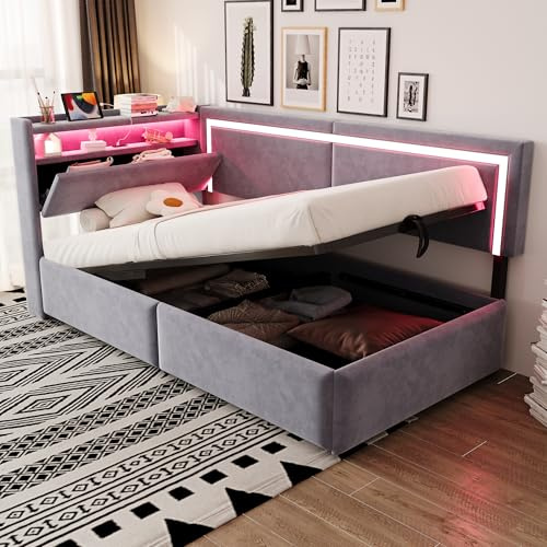 ANIROY Polsterbett Schlafsofa 90x200cm mit Bettfunktion, Samtstoff Tagesbett Einzelbett mit LED & USB, Kopfteil mit Stauraum, Hydraulischer Stauraumbett mit Lattenrost, ohne Matratze, Hellgrau