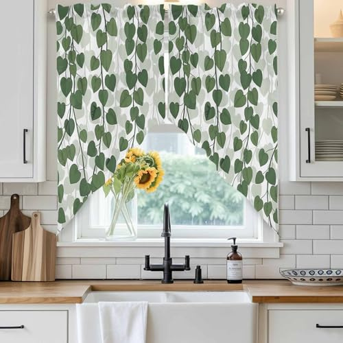 Jeomia Valances for Windows, Spring Plants Ivy Rod Pocket Blocking Swag Valance Curtains for Kitchen Bathroom Cafe, Green Heartleaf Philodendron Swag Curtain 2 Panel 28x36in