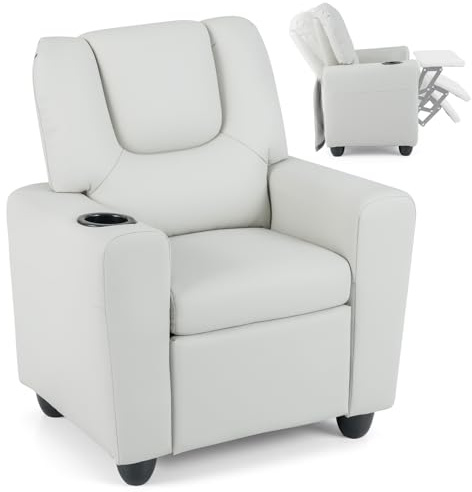 COSTWAY Kindersessel mit Relaxfunktion, Kindersofa mit Armlehne, Verstellbarer Rückenlehne & Fußstütze, Kindercouch gepolstert mit Getränkehalter, Relaxsessel für Kinder ab 3 Jahren (Beige)