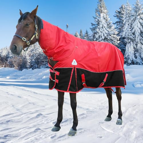 400g Weidedecke Für Pferde, wasserdichte Pferdedecke 1200D Mit Abnehmbarem Halsteil Und Halsschutz, Winter Pferdedecke Mit Verstärkter Außenseite (Red,Retro)