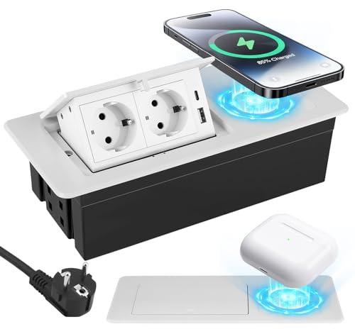 Presa a scomparsa con USB, presa elettrica da incasso con caricabatterie wireless 3 in 1, per telefoni cellulari, smartwatch e cuffie, presa da incasso per cucina, scrivania, tavolo da conferenza