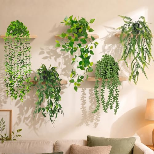 Bamysol 5 Pack Artificial Hanging Plants Indoor, Premium Trailing Artificial Plants Set in Pots for Indoors Outdoor Room Office Patio Wall Decor, 5 Foliage Varieties Fake Hanging Plants