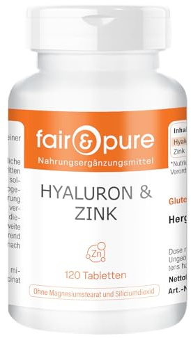 Fair & Pure Hyaluron & Zink, 120 Stück, 500mg Hyaluronsäure pro Tablette, veganes Nahrungsergänzungsmittel ohne Zusätze, in Deutschland hergestellt