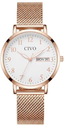 CIVO Easy Read Watches Women: 35mm Large Face with Numerals Hands Date Day | Analog Luminous Display Ladies Everyday Watch with Leather Strap for Daily Wear Casual Dress - Gifts for Wife Mother Seniors