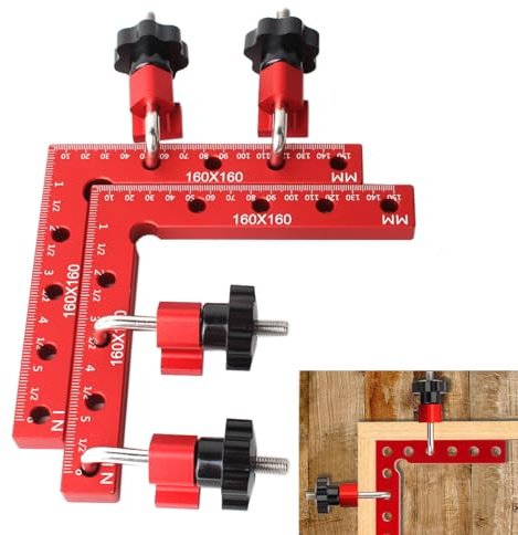 Lot de 2 tendeurs d'angle à 90 degrés - 160 x 160 mm - En alliage d'aluminium - Avec 4 paires de clips de fixation - Pour le travail du bois, les armoires, les cadres, les tiroirs