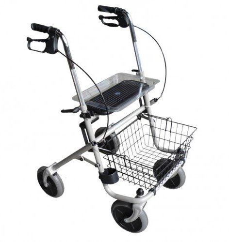 ROLLATOR faltbar silber komplett m. Tablett + Korb + PANNENSICHERE BEREIFUNG Neu
